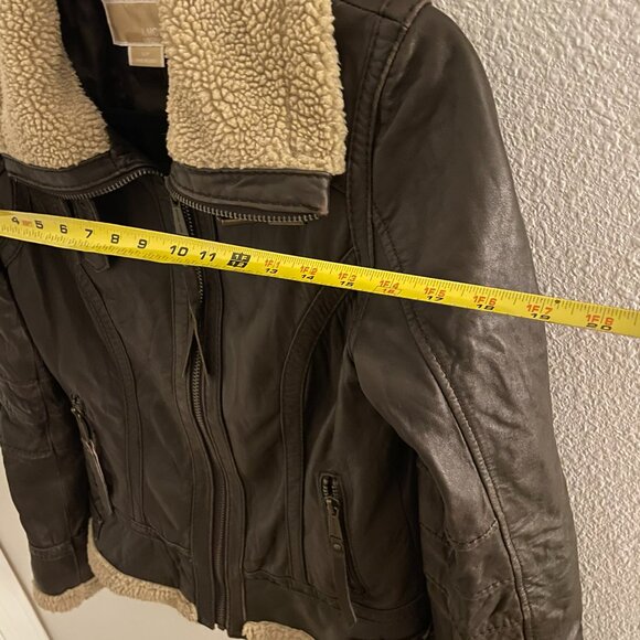Michael Kors Brown Leather Aviator Jacket Shearling Lined Women’s Size Small P - Picture 13 of 16